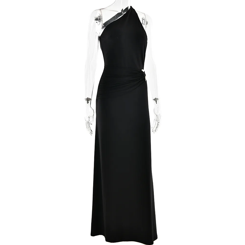 Brown One Shoulder Backless Long Dress Sexy Women's Draped Casual Maxi Dresses Summer Evening Party Wedding Guest Cocktail Black