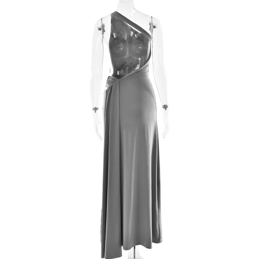 Brown One Shoulder Backless Long Dress Sexy Women's Draped Casual Maxi Dresses Summer Evening Party Wedding Guest Cocktail Black