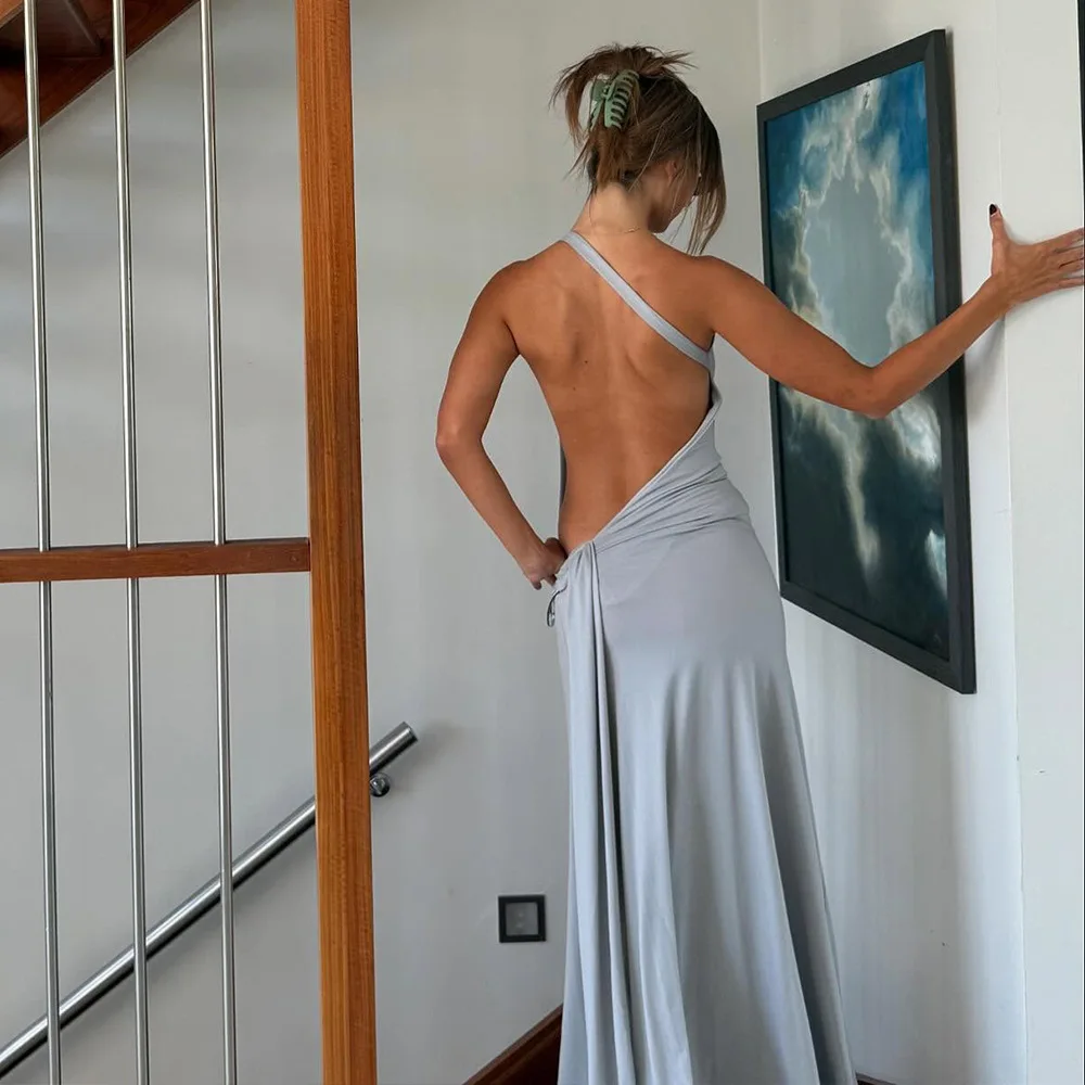 Brown One Shoulder Backless Long Dress Sexy Women's Draped Casual Maxi Dresses Summer Evening Party Wedding Guest Cocktail Black