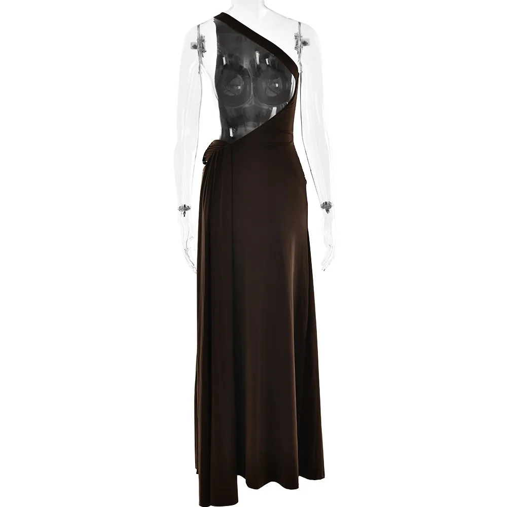 Brown One Shoulder Backless Long Dress Sexy Women's Draped Casual Maxi Dresses Summer Evening Party Wedding Guest Cocktail Black