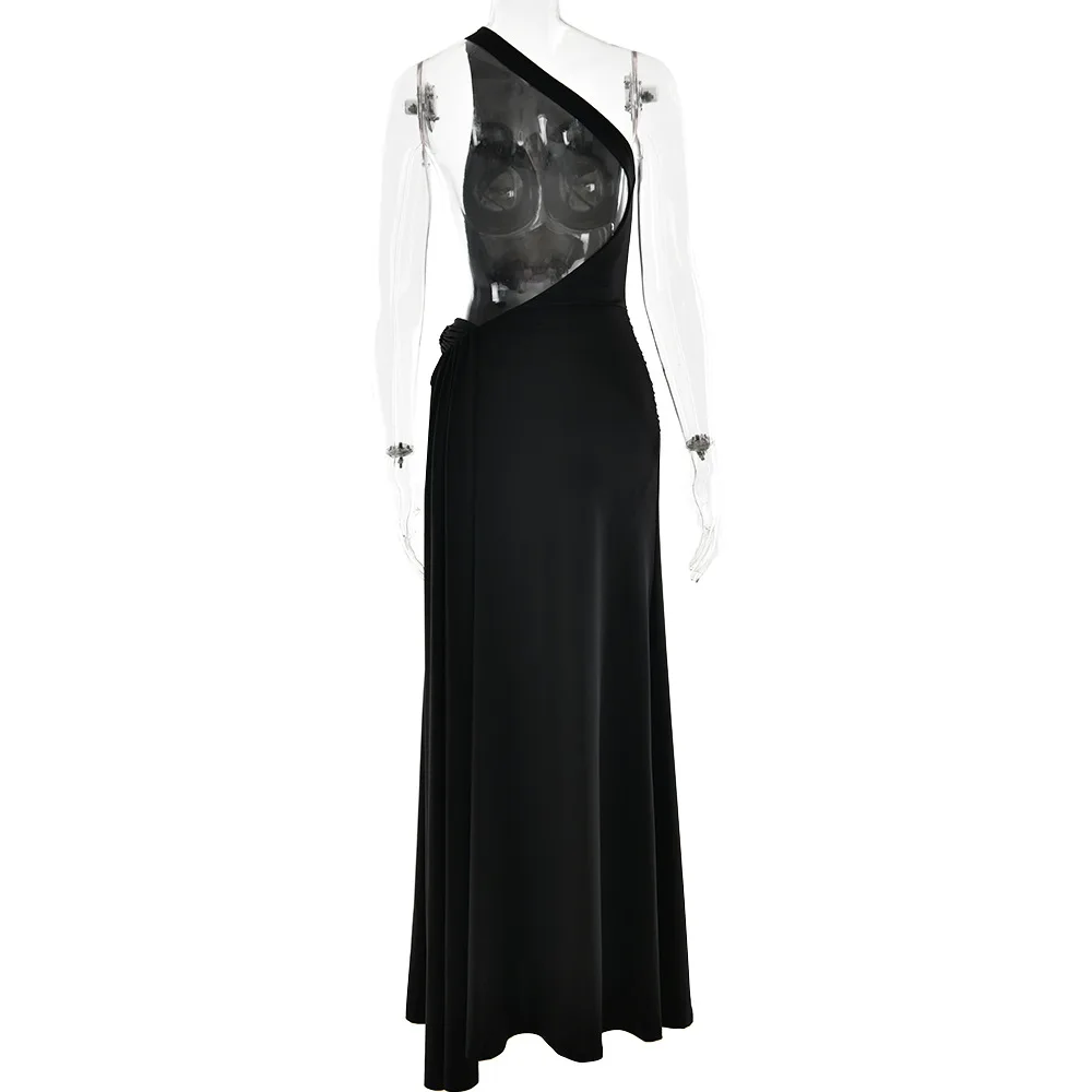 Brown One Shoulder Backless Long Dress Sexy Women's Draped Casual Maxi Dresses Summer Evening Party Wedding Guest Cocktail Black
