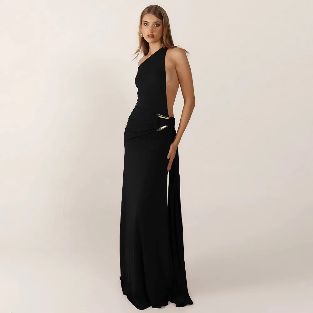 Brown One Shoulder Backless Long Dress Sexy Women's Draped Casual Maxi Dresses Summer Evening Party Wedding Guest Cocktail Black