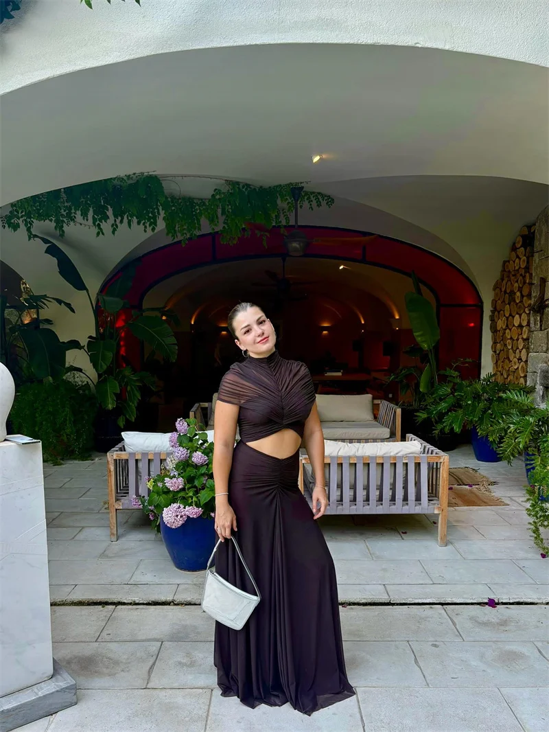 Mozision Hollow Out Short Sleeve Sexy Maxi Dress Women Fashion O Neck Ruched High Waist Bodycon Club Party Long Dress Female