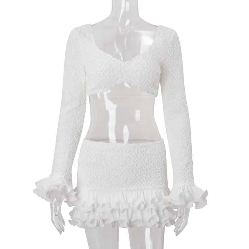 Shestyle Texture White Women 2 Piece Sets Autumn Ruffles Super Short Crop Tops V Neck Sheath Skirts Brand Design Party Outfits