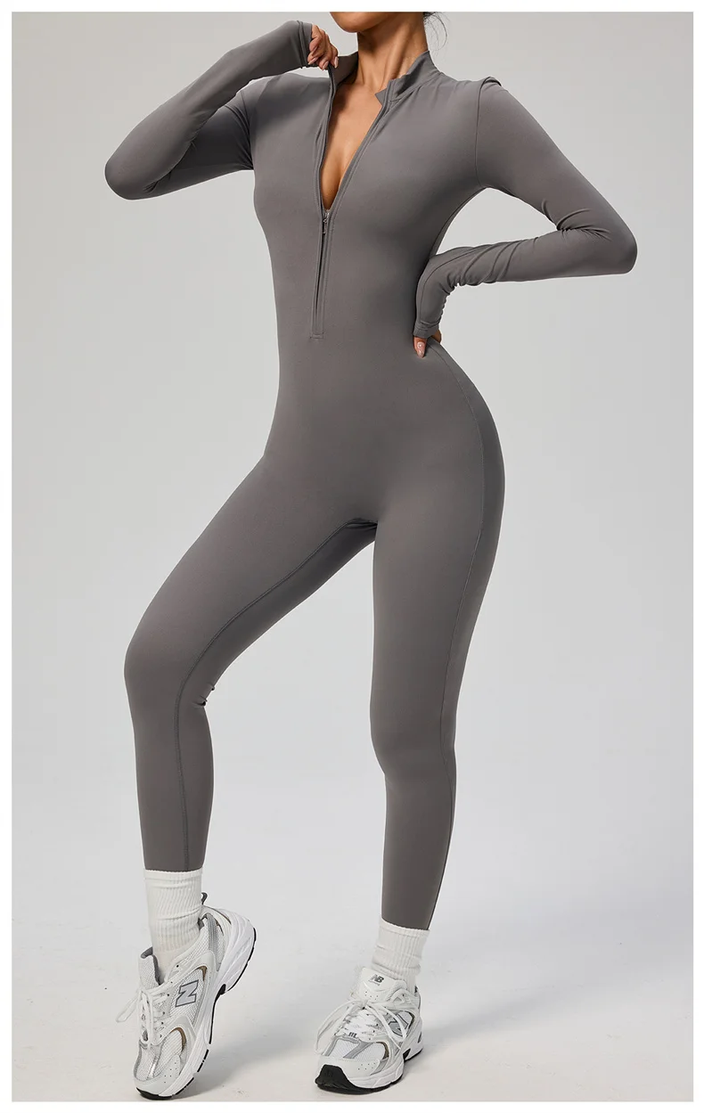 TRY TO BN Women's Jumpsuit Long Sleeve Zipper Shapewear Bodysuit Yoga Fitness One Piece Tights Gym Clothing Mono Deportivo Mujer