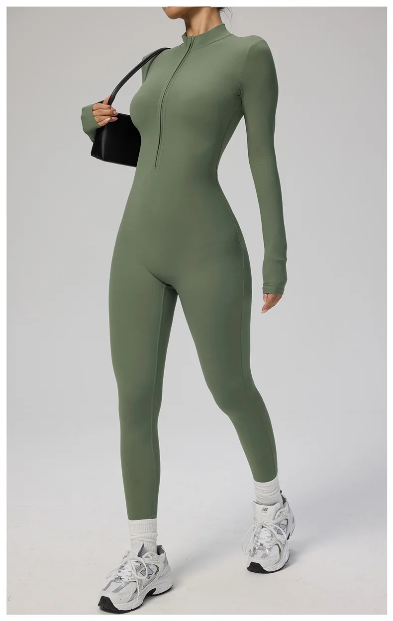 TRY TO BN Women's Jumpsuit Long Sleeve Zipper Shapewear Bodysuit Yoga Fitness One Piece Tights Gym Clothing Mono Deportivo Mujer