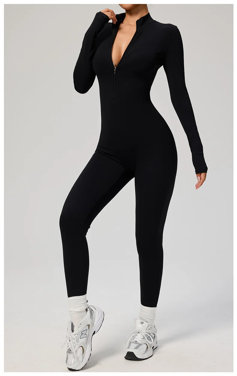 TRY TO BN Women's Jumpsuit Long Sleeve Zipper Shapewear Bodysuit Yoga Fitness One Piece Tights Gym Clothing Mono Deportivo Mujer