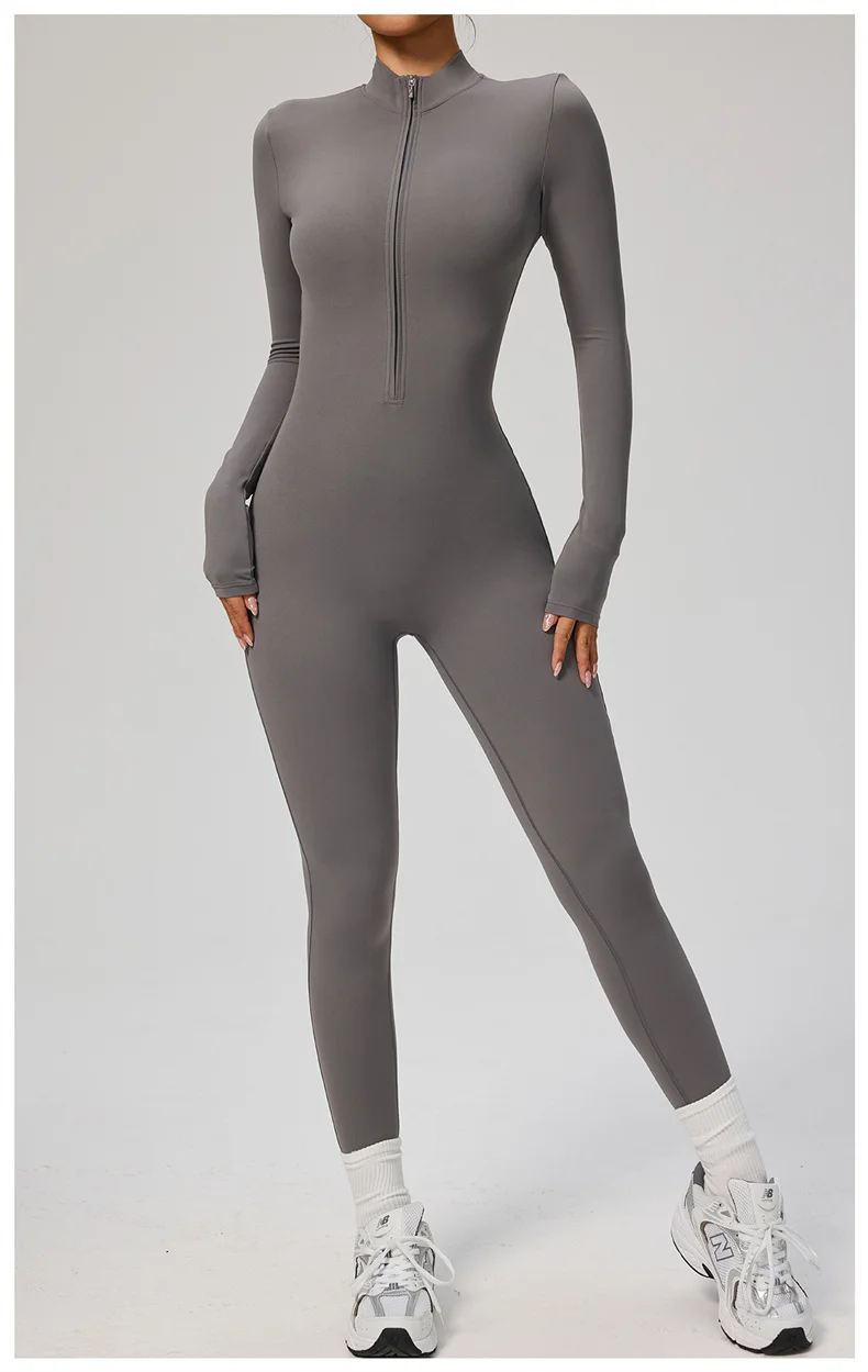 TRY TO BN Women's Jumpsuit Long Sleeve Zipper Shapewear Bodysuit Yoga Fitness One Piece Tights Gym Clothing Mono Deportivo Mujer