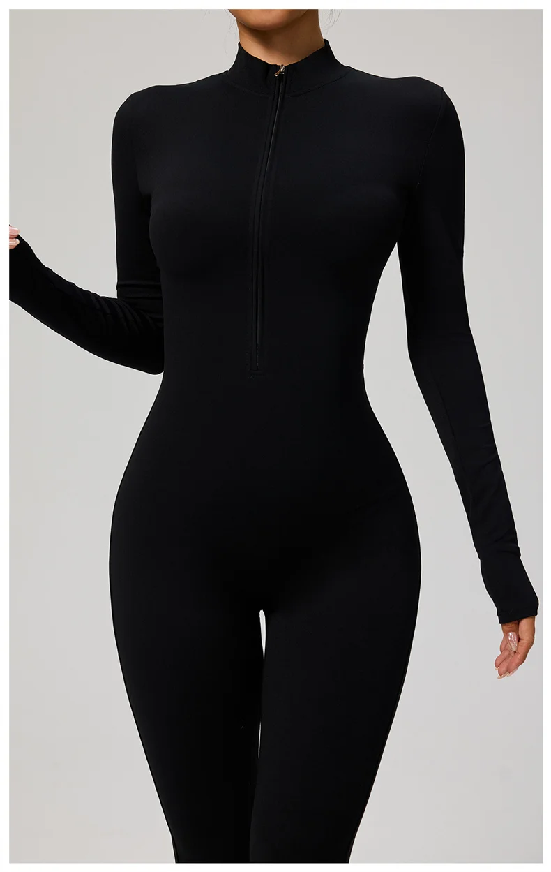 TRY TO BN Women's Jumpsuit Long Sleeve Zipper Shapewear Bodysuit Yoga Fitness One Piece Tights Gym Clothing Mono Deportivo Mujer