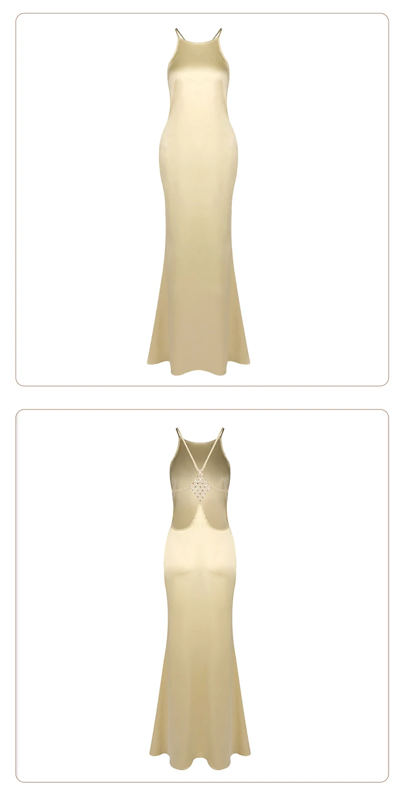 VC 2026 Sexy Backless Satin Maxi Dress For Women Spaghetti Strap Crystal Back Evening Dress Elegant Bodycon Party Slim Fit Dress