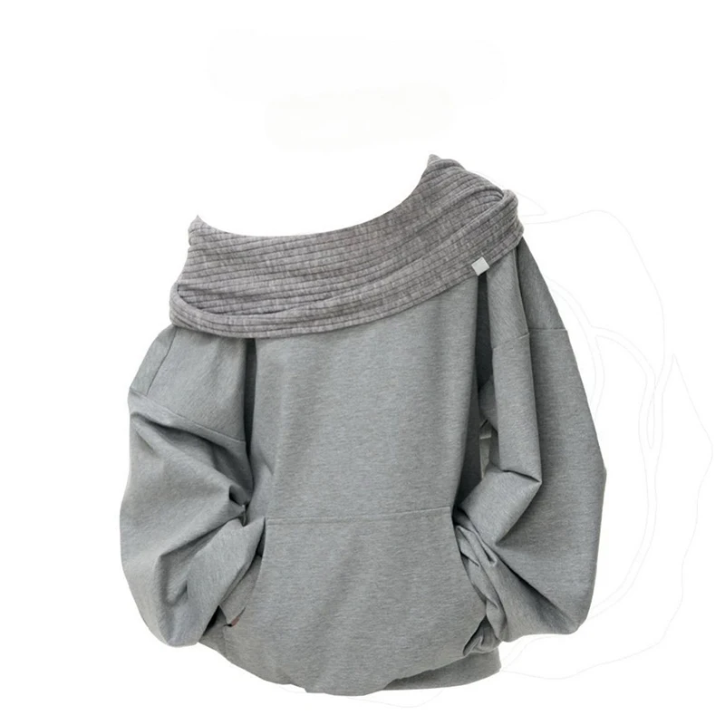 Knit Patchwork Sweatshirt Women Loose Casual Long Sleeve Sporty Top Spring Fall Chic Lazy Off Shoulder Harajuku Y2K Coat