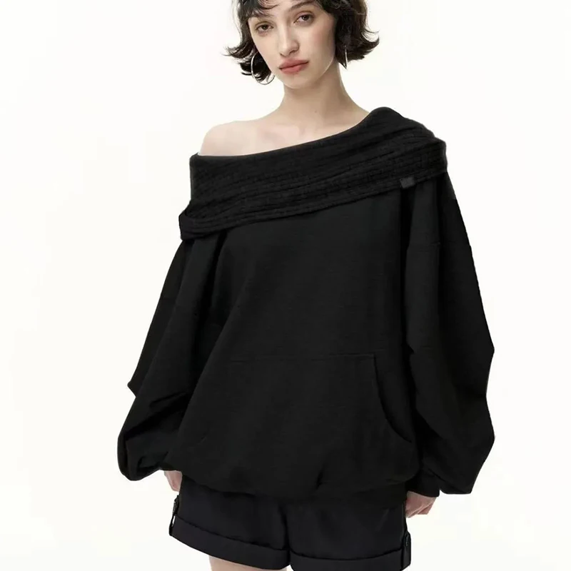 Knit Patchwork Sweatshirt Women Loose Casual Long Sleeve Sporty Top Spring Fall Chic Lazy Off Shoulder Harajuku Y2K Coat
