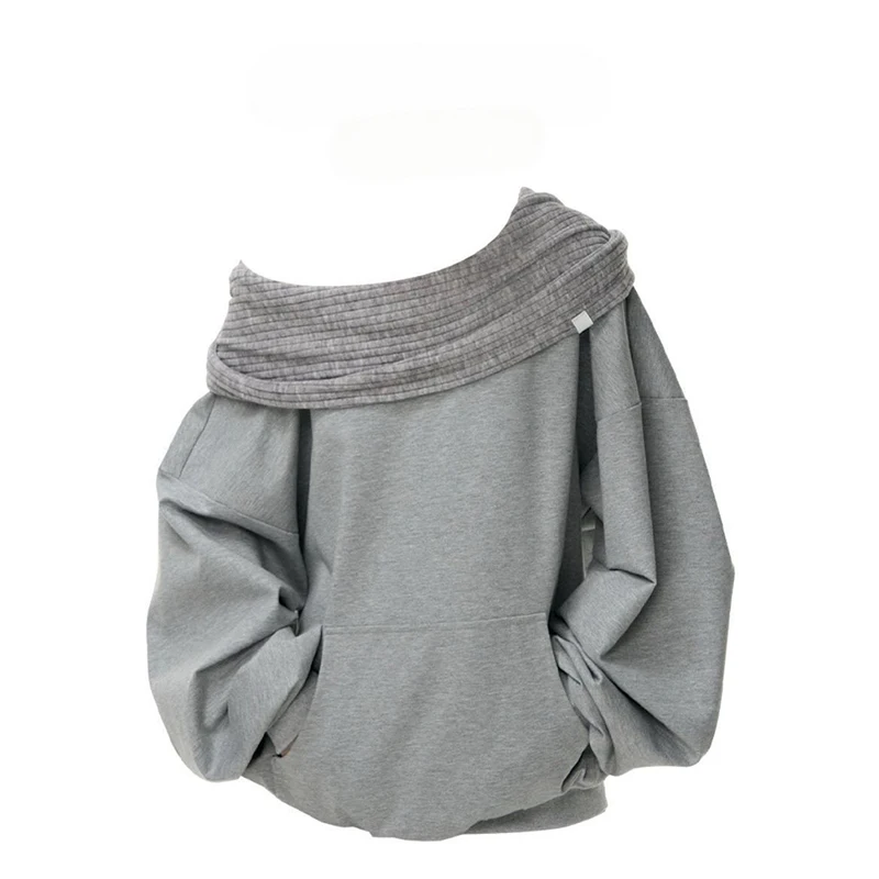 Knit Patchwork Sweatshirt Women Loose Casual Long Sleeve Sporty Top Spring Fall Chic Lazy Off Shoulder Harajuku Y2K Coat