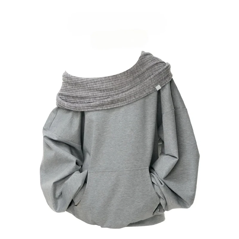 Knit Patchwork Sweatshirt Women Loose Casual Long Sleeve Sporty Top Spring Fall Chic Lazy Off Shoulder Harajuku Y2K Coat