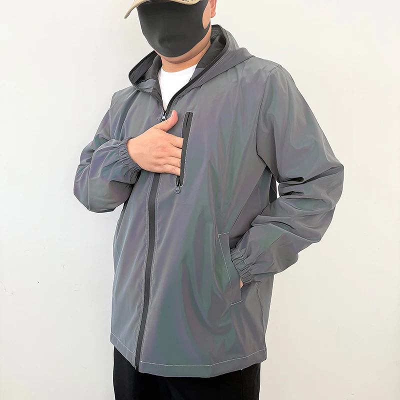 Night Colored Reflective Jacket Men Outdoor Cycling Jogging Windproof Hooded Coats Hip-hop Rock Streetwear Safety Couple Clothes