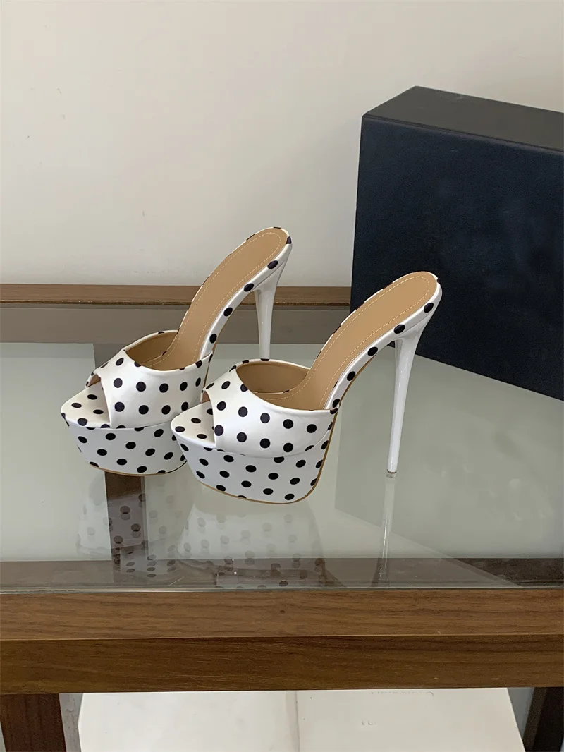 Liyke Sexy 16CM Super High Heels Slippers Women Summer Peep Toe Polka Dot Silk Platform Sandals Stiletto Woman Party Dress Shoes