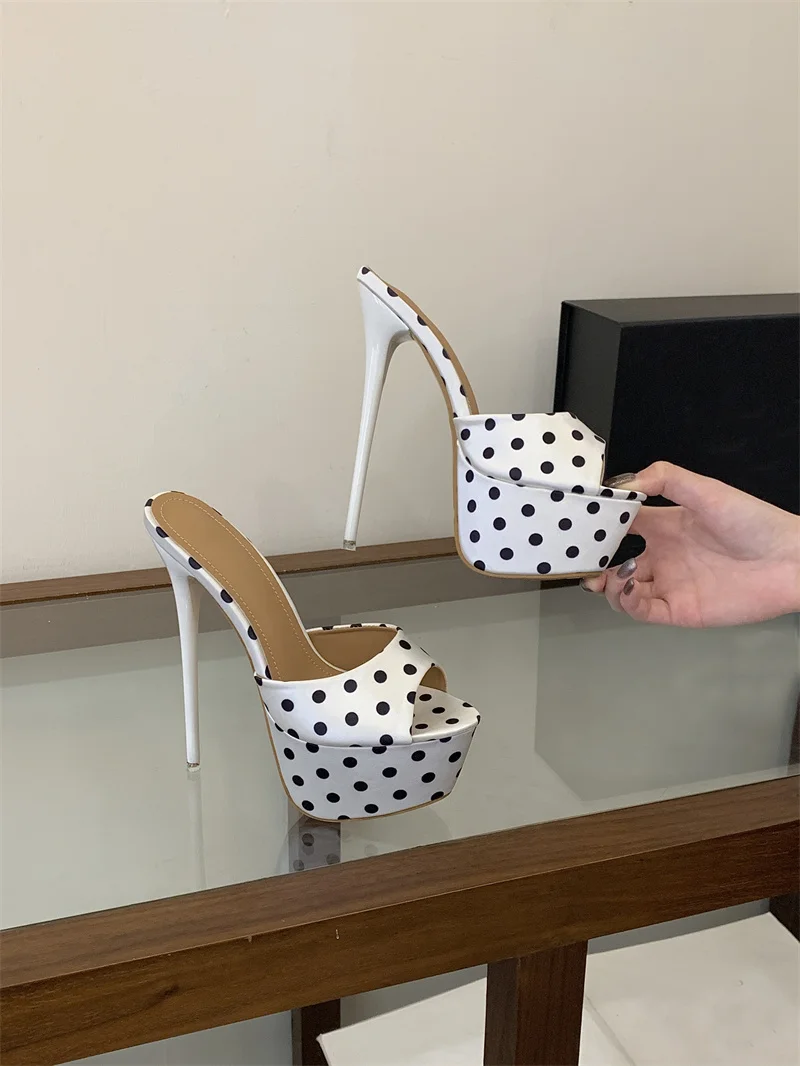Liyke Sexy 16CM Super High Heels Slippers Women Summer Peep Toe Polka Dot Silk Platform Sandals Stiletto Woman Party Dress Shoes
