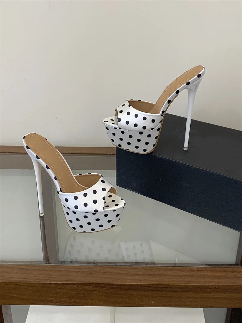 Liyke Sexy 16CM Super High Heels Slippers Women Summer Peep Toe Polka Dot Silk Platform Sandals Stiletto Woman Party Dress Shoes
