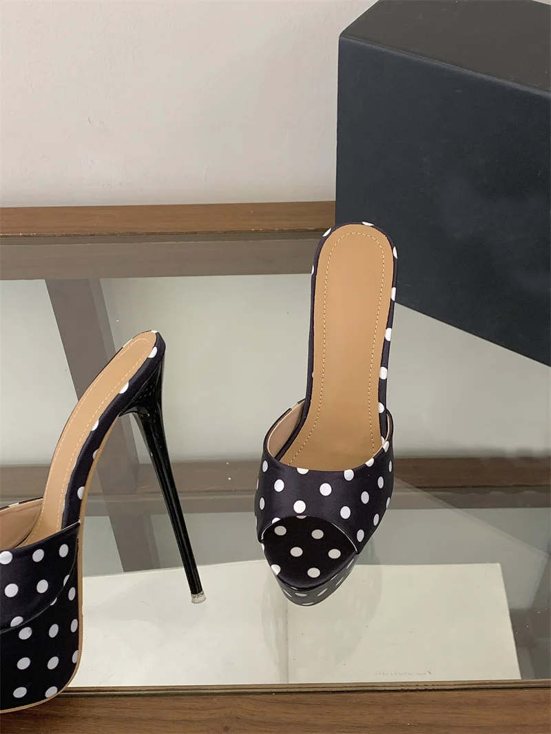 Liyke Sexy 16CM Super High Heels Slippers Women Summer Peep Toe Polka Dot Silk Platform Sandals Stiletto Woman Party Dress Shoes