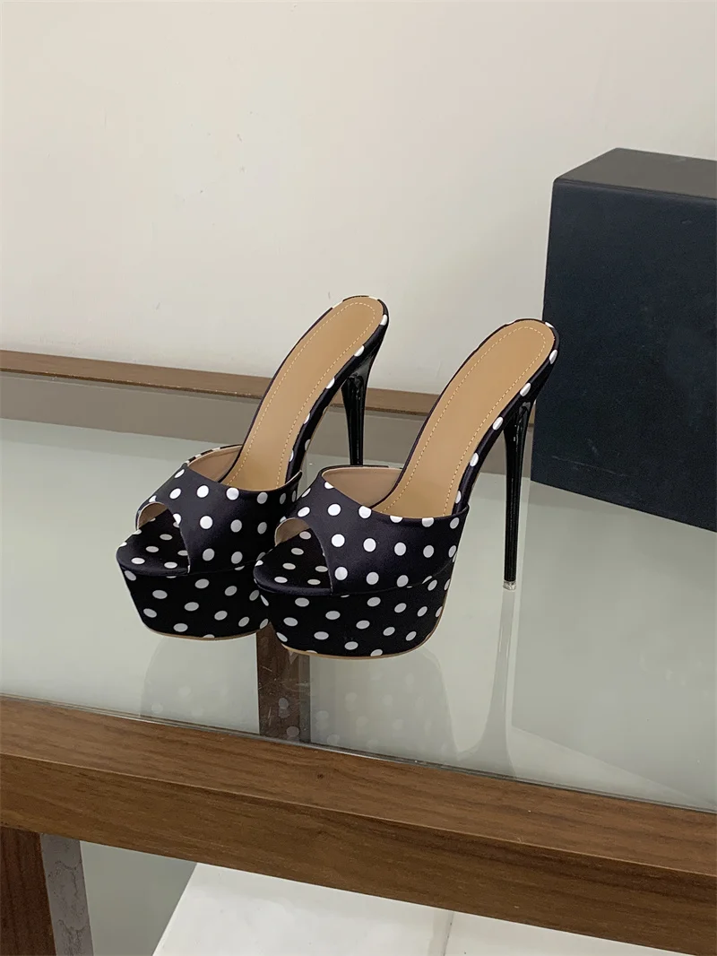 Liyke Sexy 16CM Super High Heels Slippers Women Summer Peep Toe Polka Dot Silk Platform Sandals Stiletto Woman Party Dress Shoes