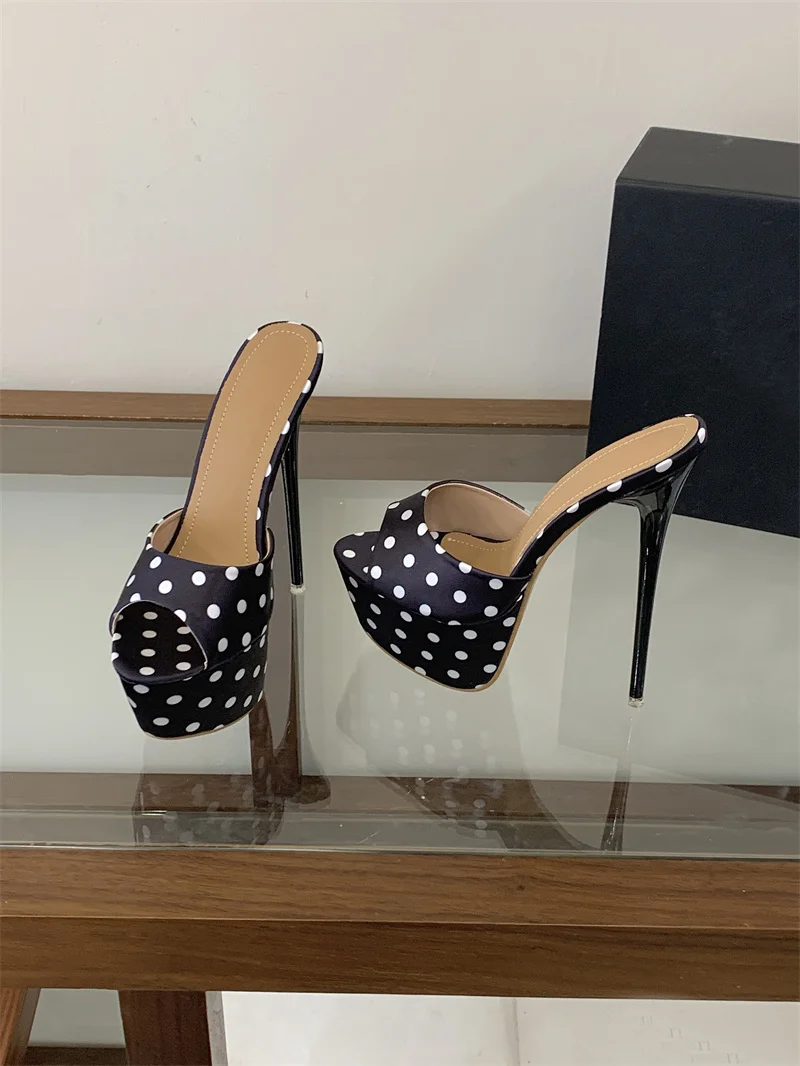 Liyke Sexy 16CM Super High Heels Slippers Women Summer Peep Toe Polka Dot Silk Platform Sandals Stiletto Woman Party Dress Shoes