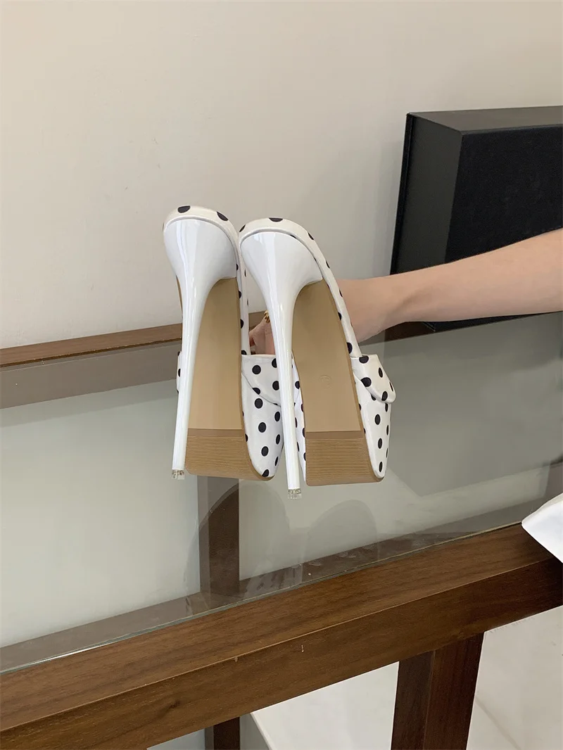 Liyke Sexy 16CM Super High Heels Slippers Women Summer Peep Toe Polka Dot Silk Platform Sandals Stiletto Woman Party Dress Shoes