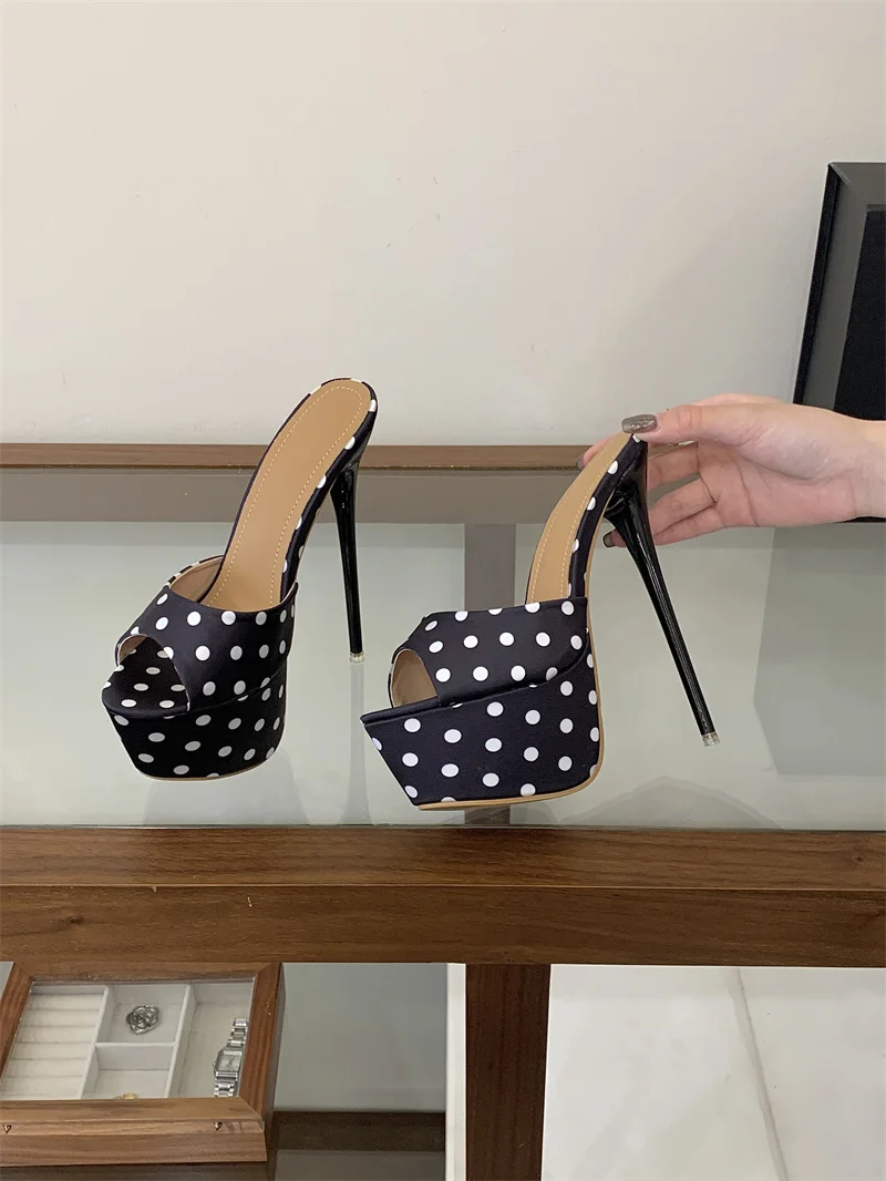 Liyke Sexy 16CM Super High Heels Slippers Women Summer Peep Toe Polka Dot Silk Platform Sandals Stiletto Woman Party Dress Shoes