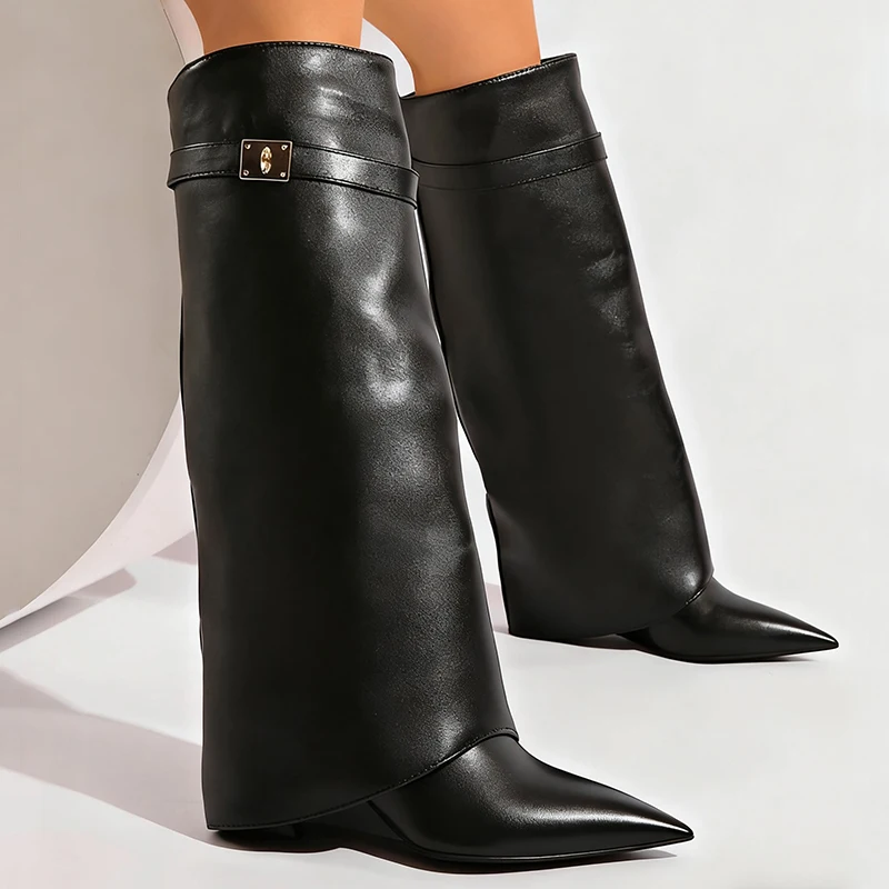 Black Pu Leather Knee High Boots Women Sexy Pointed Toe Straight Leg Boots Woman Punk Style Wedge High Heels Long Botas Mujer