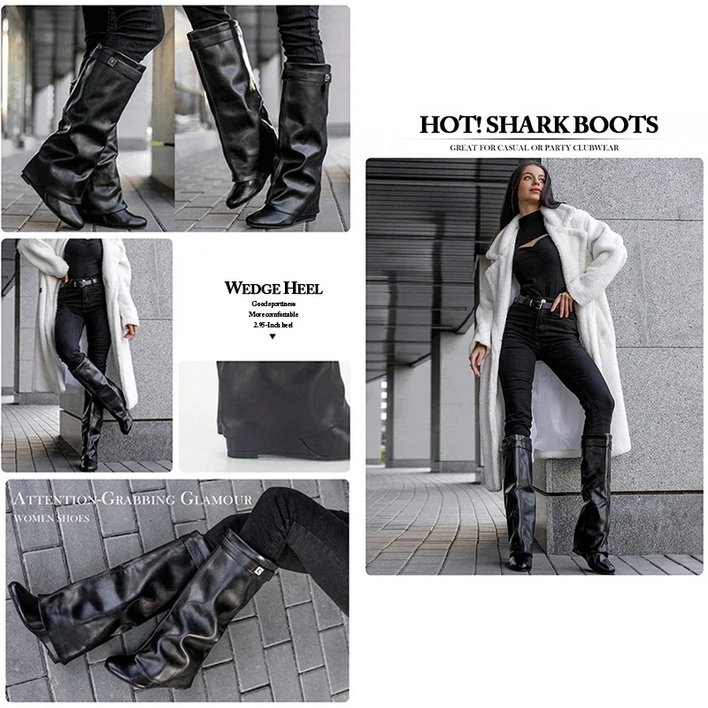 Black Pu Leather Knee High Boots Women Sexy Pointed Toe Straight Leg Boots Woman Punk Style Wedge High Heels Long Botas Mujer