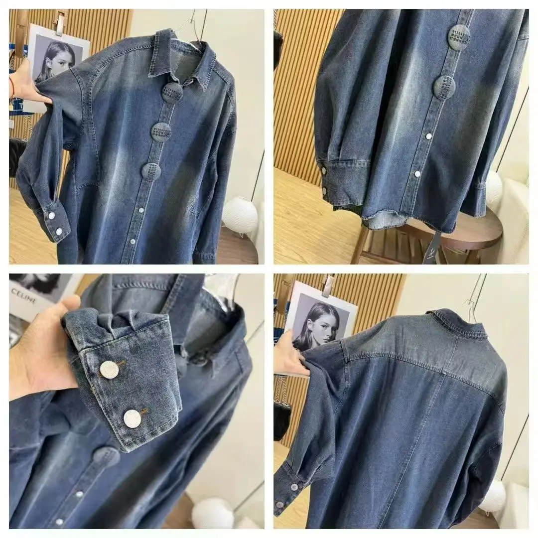 Autumn/Spring Button-down Long Sleeve Loose Fit Medium Jeans Top Casual Oversize Street Chic Washed Denim Shirt