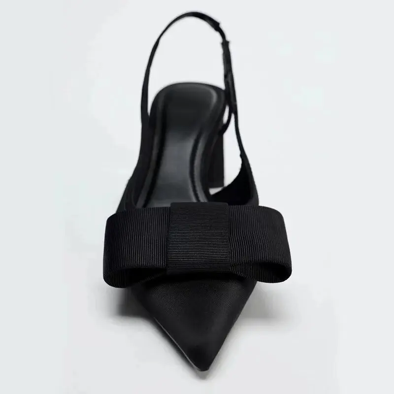 Summer New Women's Shoes with Black Bow Decoration, Exposed Heels, Thick Heels, Pointed High Heels, Shallow Sandals