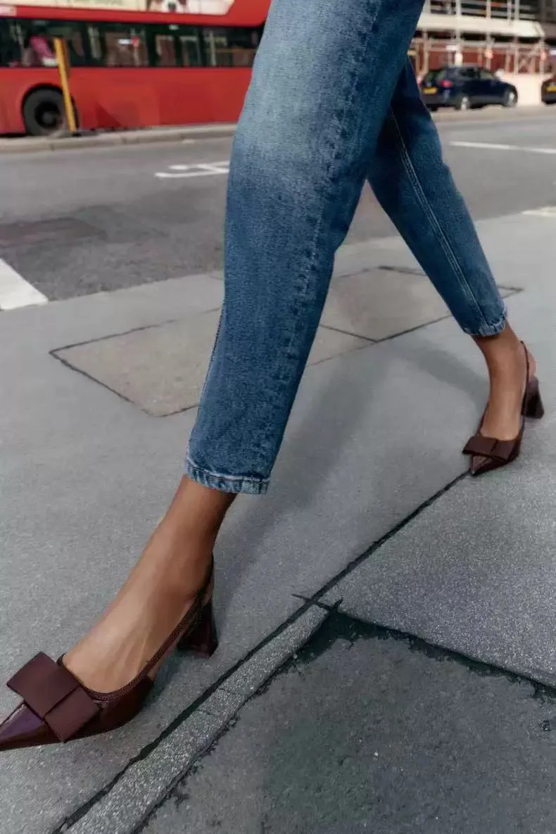 Summer New Women's Shoes with Black Bow Decoration, Exposed Heels, Thick Heels, Pointed High Heels, Shallow Sandals