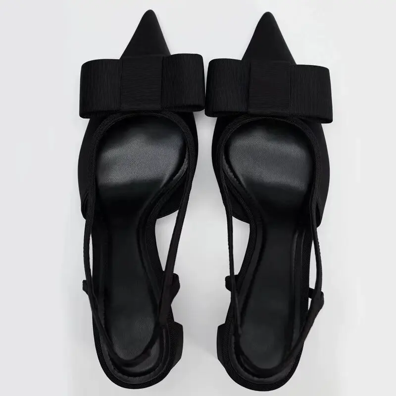 Summer New Women's Shoes with Black Bow Decoration, Exposed Heels, Thick Heels, Pointed High Heels, Shallow Sandals
