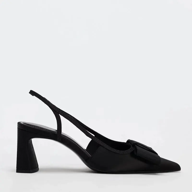 Summer New Women's Shoes with Black Bow Decoration, Exposed Heels, Thick Heels, Pointed High Heels, Shallow Sandals