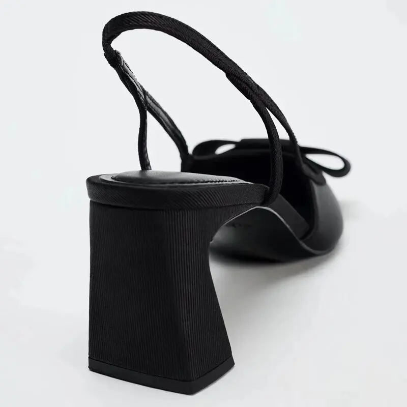 Summer New Women's Shoes with Black Bow Decoration, Exposed Heels, Thick Heels, Pointed High Heels, Shallow Sandals