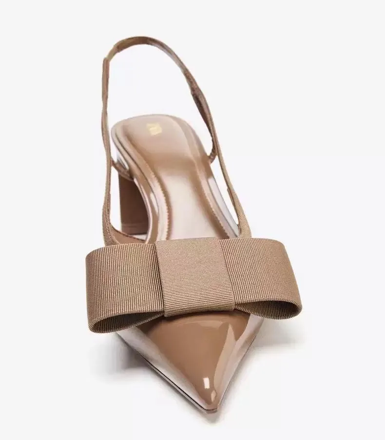Summer New Women's Shoes with Black Bow Decoration, Exposed Heels, Thick Heels, Pointed High Heels, Shallow Sandals