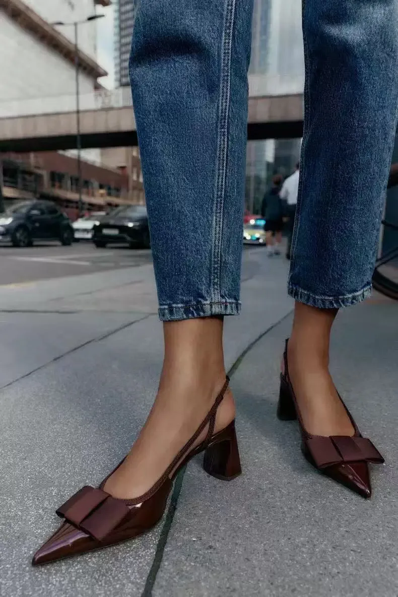 Summer New Women's Shoes with Black Bow Decoration, Exposed Heels, Thick Heels, Pointed High Heels, Shallow Sandals