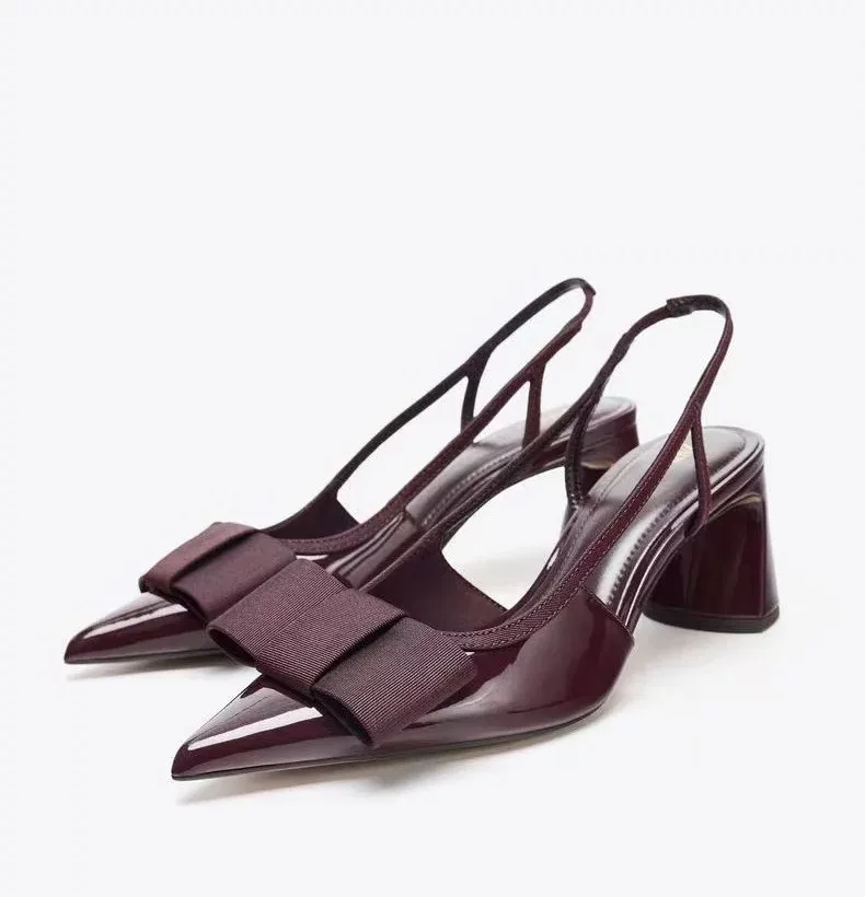 Summer New Women's Shoes with Black Bow Decoration, Exposed Heels, Thick Heels, Pointed High Heels, Shallow Sandals