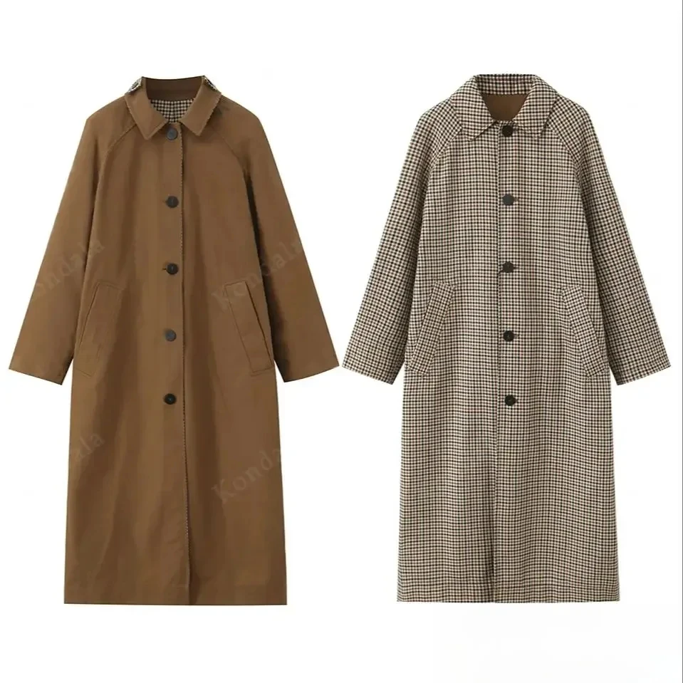 KONDALA Urban Vintage Trench Coat Women's Fall Winter Brown Reversible Wear Long Coat 2025 Fashion Elegant Commute Ladies Coat