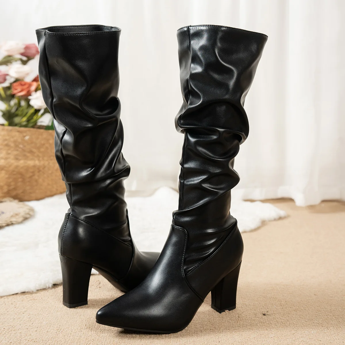 Spring Autumn Women Knee High Boots for Women Pleated Thigh High Long Booties Sexy Pointed Toe Thick Heeled Black Women Botas