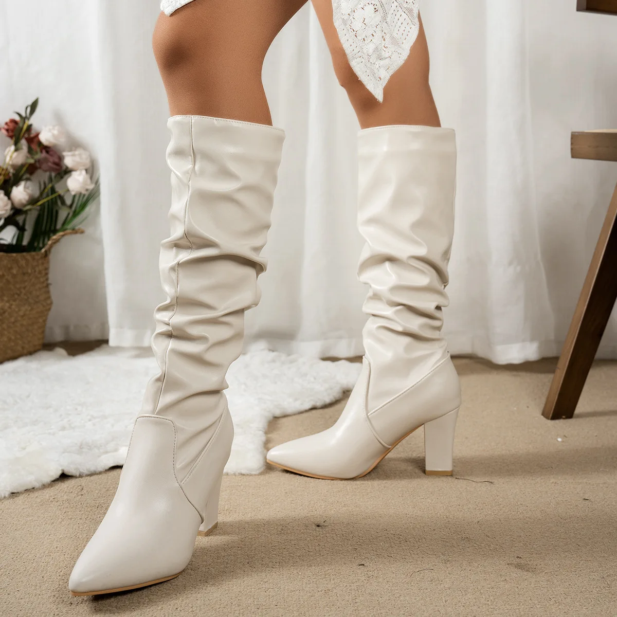 Spring Autumn Women Knee High Boots for Women Pleated Thigh High Long Booties Sexy Pointed Toe Thick Heeled Black Women Botas