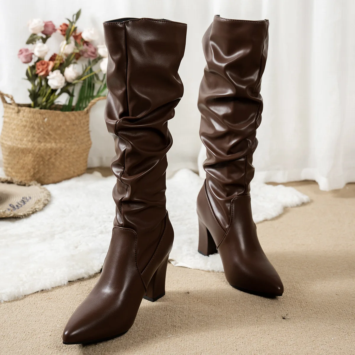 Spring Autumn Women Knee High Boots for Women Pleated Thigh High Long Booties Sexy Pointed Toe Thick Heeled Black Women Botas