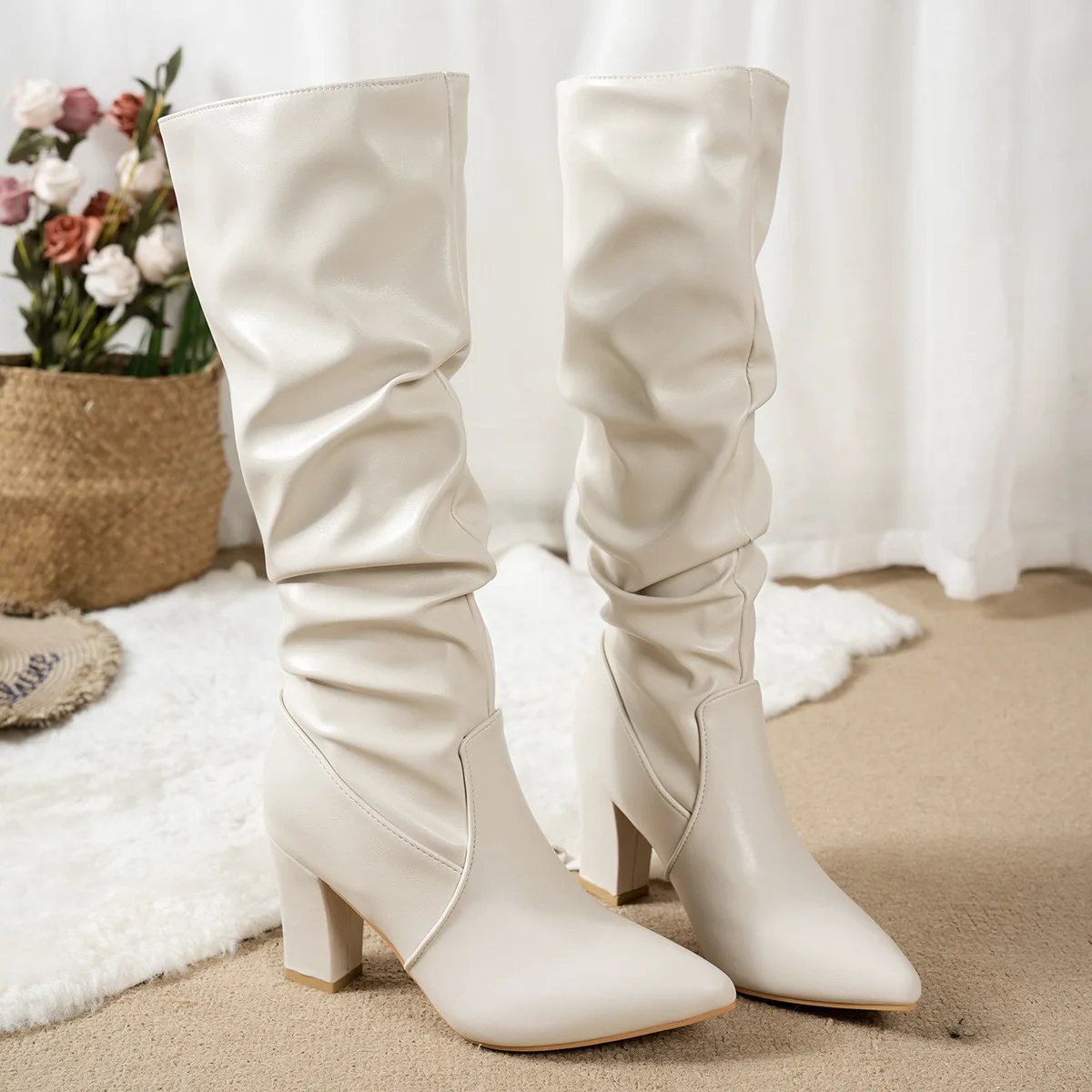 Spring Autumn Women Knee High Boots for Women Pleated Thigh High Long Booties Sexy Pointed Toe Thick Heeled Black Women Botas