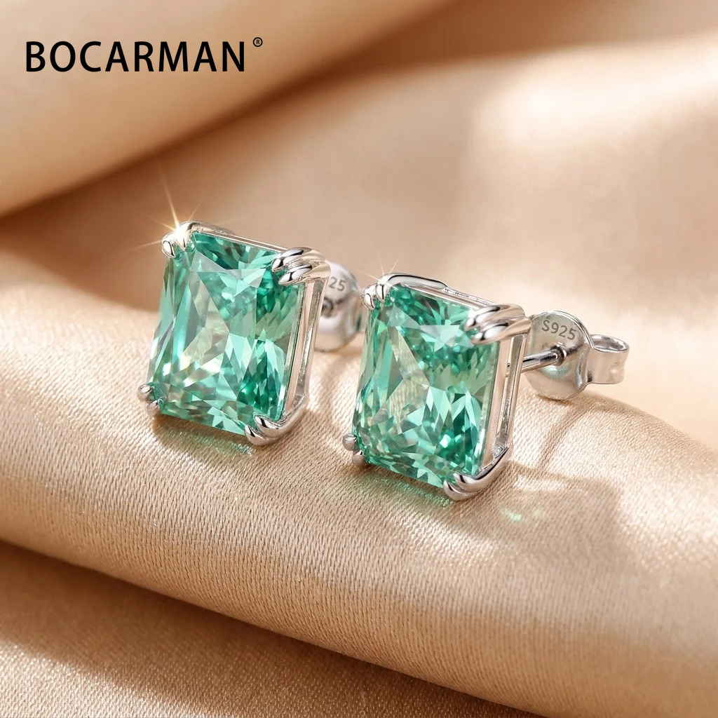 Bocarman Ice Cut Zircon Stud Earrings S925 Silver Paraiba Tanzanite Blue Mint Green Rectangular Multicolor Women Fine Jewelry