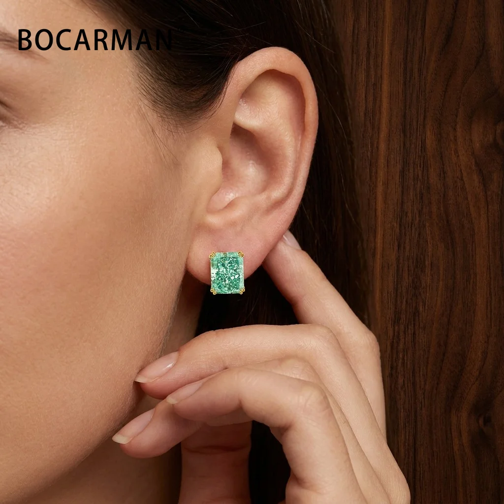 Bocarman Ice Cut Zircon Stud Earrings S925 Silver Paraiba Tanzanite Blue Mint Green Rectangular Multicolor Women Fine Jewelry