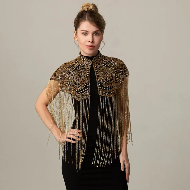 Women Vintage Chinese Style Beaded Shawl Long Tassel Cloud Shoulder Handmade Heavy Beaded Cheongsam Shawl For Catwalk Studio Sho