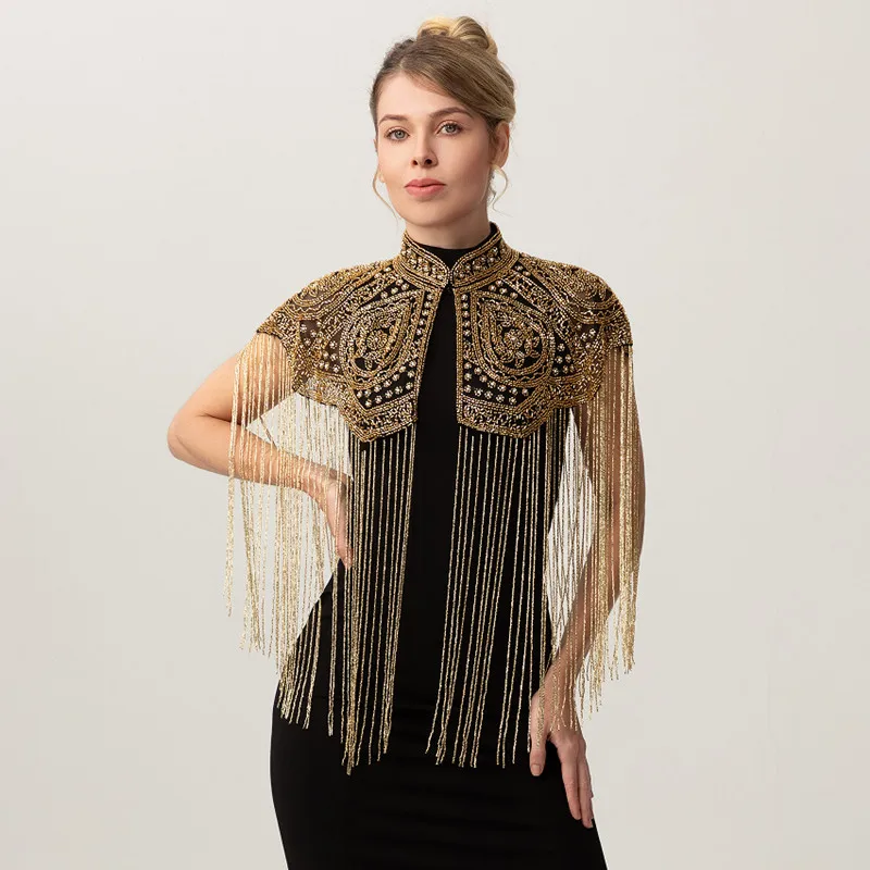 Women Vintage Chinese Style Beaded Shawl Long Tassel Cloud Shoulder Handmade Heavy Beaded Cheongsam Shawl For Catwalk Studio Sho