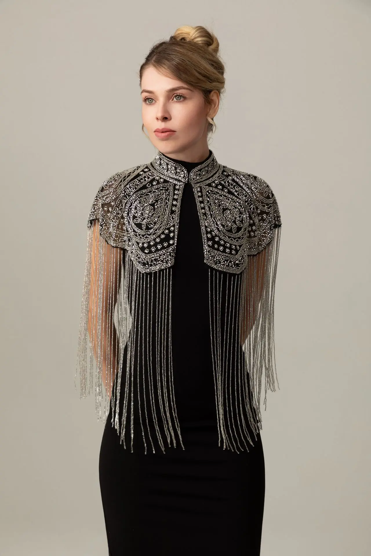 Women Vintage Chinese Style Beaded Shawl Long Tassel Cloud Shoulder Handmade Heavy Beaded Cheongsam Shawl For Catwalk Studio Sho