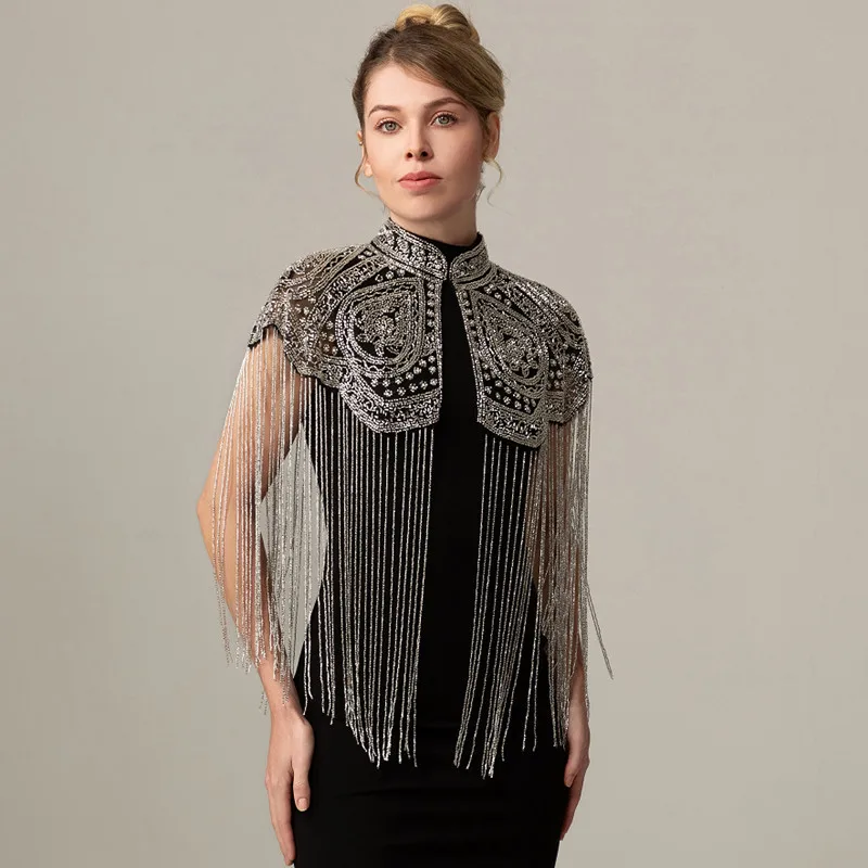 Women Vintage Chinese Style Beaded Shawl Long Tassel Cloud Shoulder Handmade Heavy Beaded Cheongsam Shawl For Catwalk Studio Sho