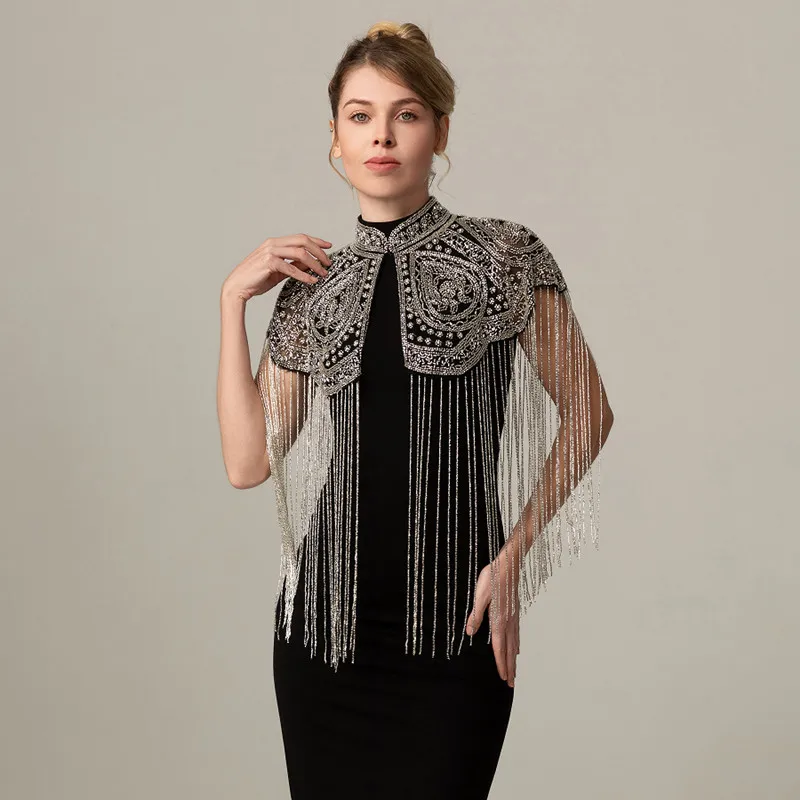 Women Vintage Chinese Style Beaded Shawl Long Tassel Cloud Shoulder Handmade Heavy Beaded Cheongsam Shawl For Catwalk Studio Sho